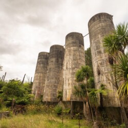 Abandoned silos overtaken by greenery